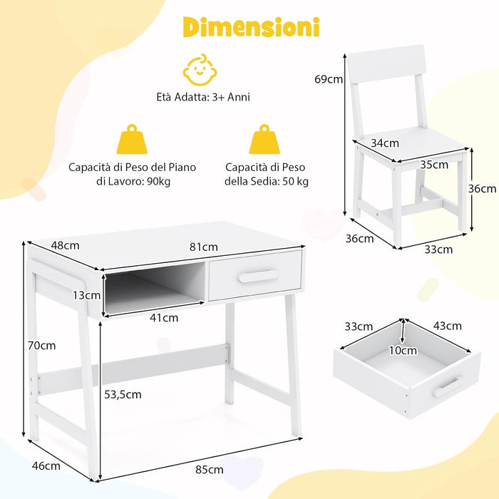 Set Tavolo e Seide per bambini in Legno, Scrivania e Sedia con Cassetto e Scomparto, Tavolino e Sedia per Cameretta, Soggiorno e Scuola (Bianco)