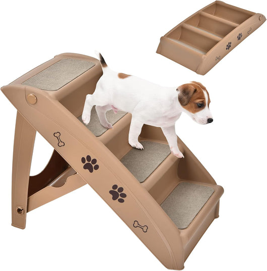 Scaletta Pieghevole per Animali, Scala di Plastica con 4 Gradini per Interno ed Esterno, con Feltro Morbido, Ideale per Animali di Piccola e Media Taglia, Capacità di Carico: 60 kg (Marrone)