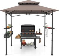 Gazebo per Barbecue, Pergola per BBQ con 2 Ripiani Laterali, Cestino, Ganci Appendiutensili, Apribottiglie, Copertura a 2 Livelli, per Giardino e Cortile, 242 x 153 x 250 cm (Marrone)