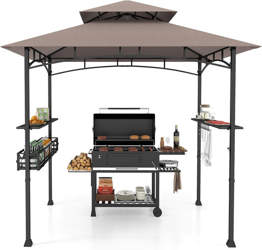 Gazebo per Barbecue, Pergola per BBQ con 2 Ripiani Laterali, Cestino, Ganci Appendiutensili, Apribottiglie, Copertura a 2 Livelli, per Giardino e Cortile, 242 x 153 x 250 cm (Marrone)