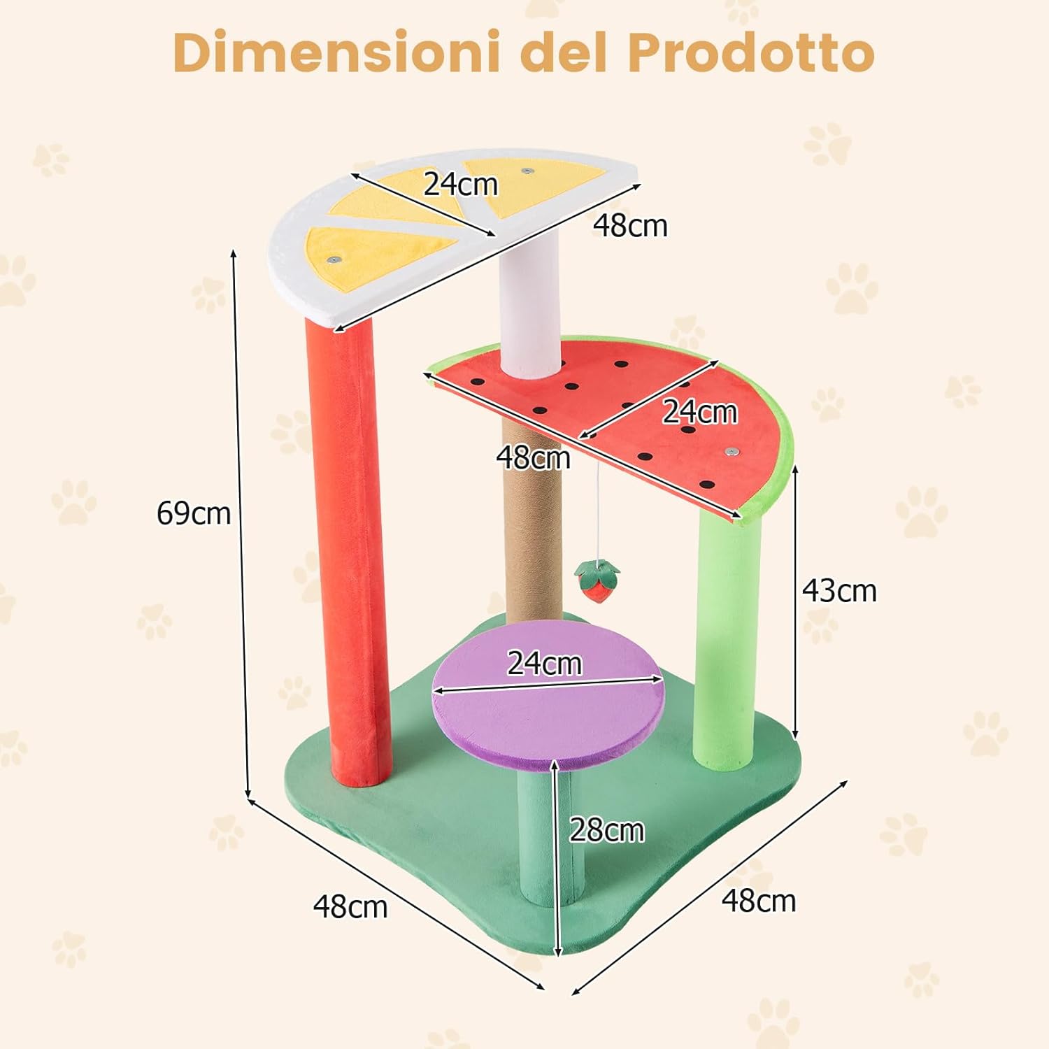 Tiragraffi per Gatti a Forma di Frutta, Albero Moderno per Animali Domestici Multilivello con Piattaforme, Palla di Fragola Pendente e Tiragraffi per Gatti