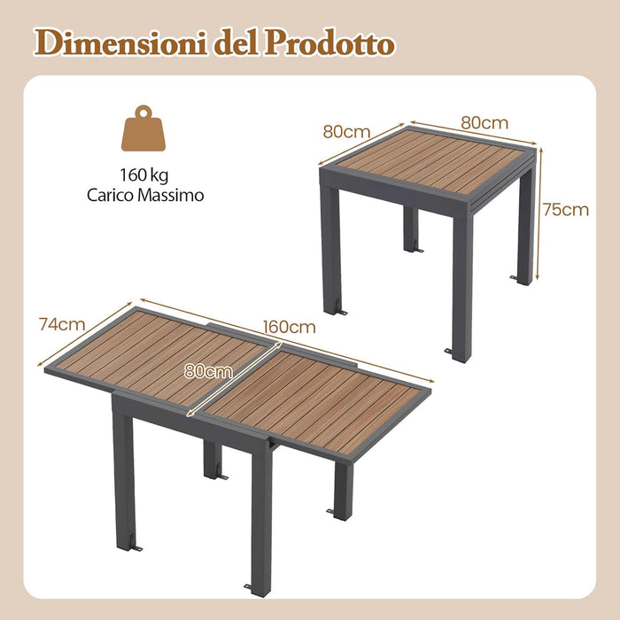 Tavolo da Pranzo 80/160 cm, Tavolo da Esterno in Alluminio per 4-6 Persone, Staffa a Forma di L Inclusa per la Fissazione, Tavolo Metallico Espandibile per Giardino Cortile, 80/160x80x75 cm