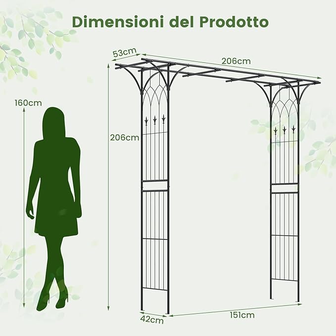 Arco da Giardino 206 x 206 CM, Pergolato per Piante Rampicanti, Pergola Decorativo di Metallo per Cerimonie, Feste, Cortile e Prato (Nero)