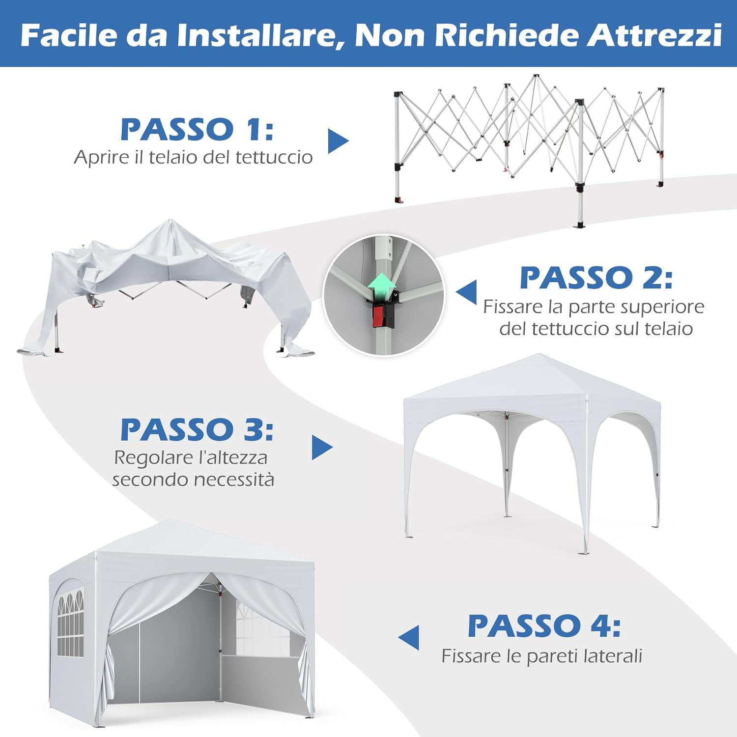 Gazebo Piehevole da Esterno 3 x 3 m, Gazebo Regolabile in Altezza con Pareti Rimovibili, Borsa con Ruote, Picchetti, Ancoraggi, Corde Vento e Sacchi di Sabbia, Tendone per Giardino (Bianco)