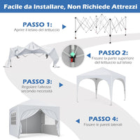 Gazebo Piehevole da Esterno 3 x 3 m, Gazebo Regolabile in Altezza con Pareti Rimovibili, Borsa con Ruote, Picchetti, Ancoraggi, Corde Vento e Sacchi di Sabbia, Tendone per Giardino (Bianco)