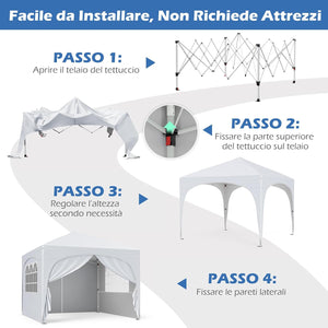 Gazebo Piehevole da Esterno 3 x 3 m, Gazebo Regolabile in Altezza con Pareti Rimovibili, Borsa con Ruote, Picchetti, Ancoraggi, Corde Vento e Sacchi di Sabbia, Tendone per Giardino (Bianco)