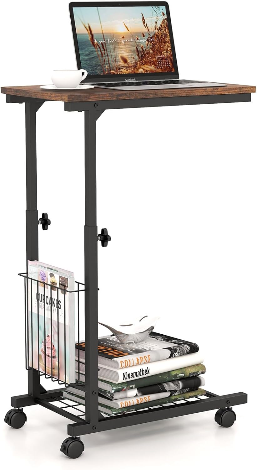 Tavolino da Salotto Moderno, Tavolino Basso Regolabile in Altezza con Ruote e Cestino Portaoggetti, Tavolino Porta PC a Forma di C da Divano e Letto per Soggiorno e Camera da Letto (Marrone)