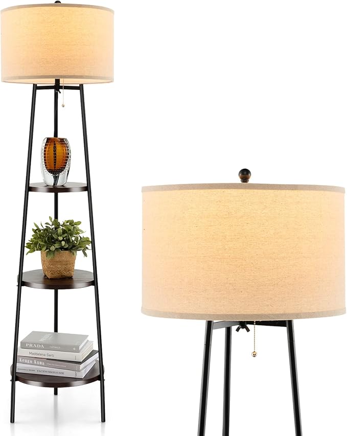 Lampada da Terra con 3 Ripiani, Lampada da Stelo con Paralume in Lino, Lampada Moderna per Soggiorno, Camera da Letto e Ufficio, 41 x 153 cm