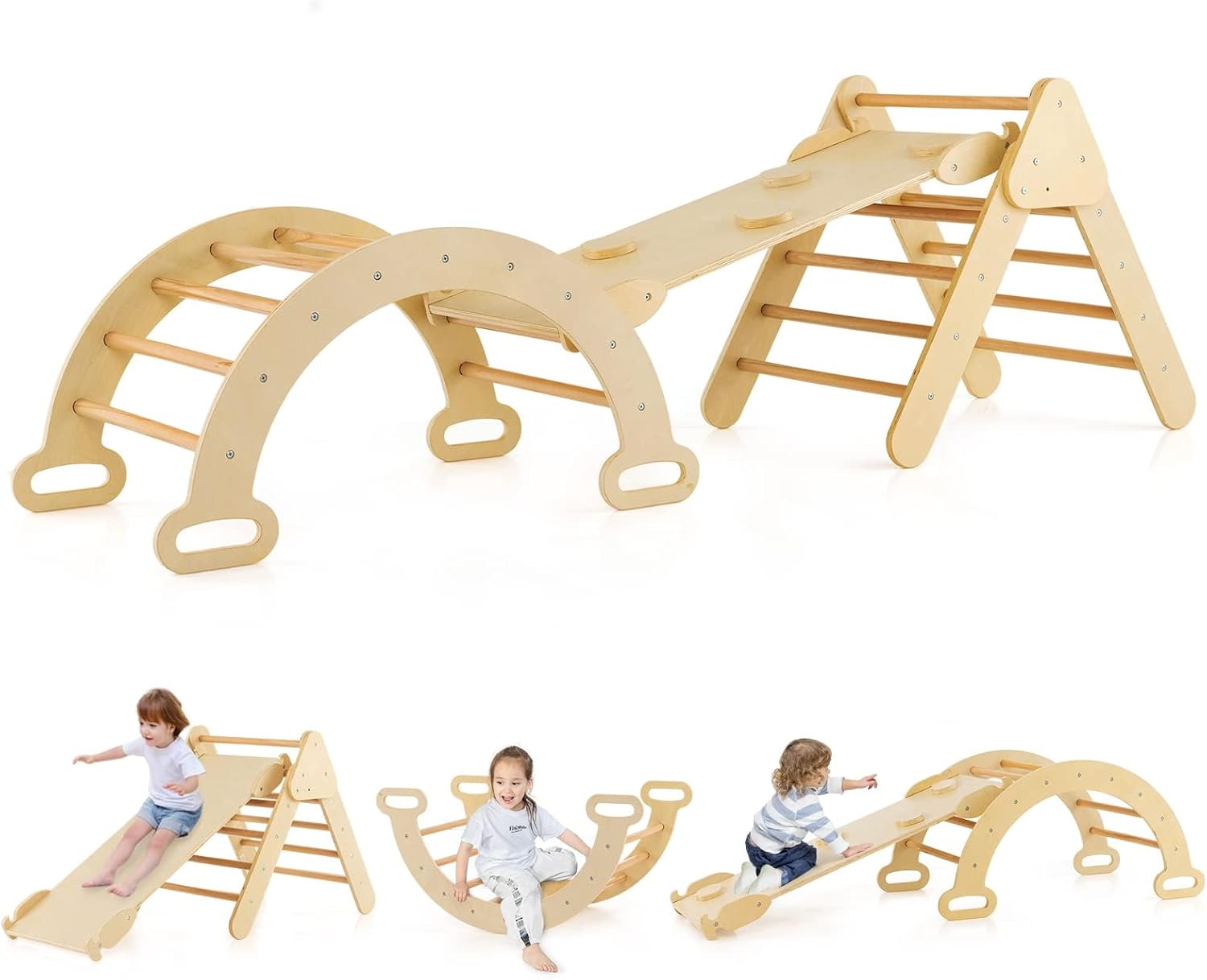 4 in 1 Set da Arrampicata per Bambini, Giocattoli da Arrampicata a Triangolo con Triangolo Arco e Salita, Ideale per Bambini 1 Anni + (Naturale)