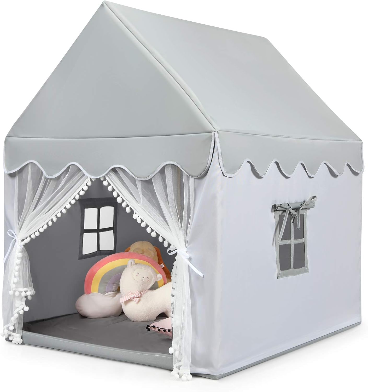 Casetta per Bambini, Casetta con Tenda Resistente Struttura in Solido Legno e Tappetino di Cotone, Con Tenda Porta e Finestra