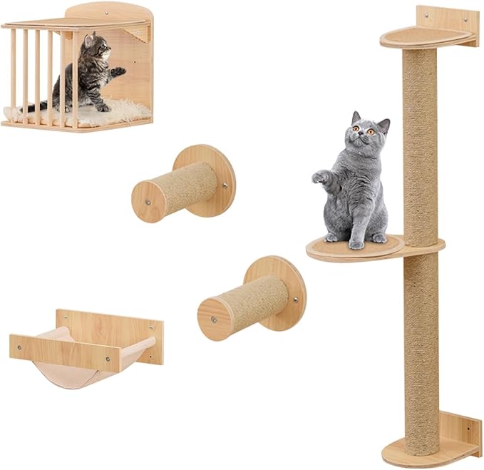 Mensole da Parete per Gatti da Arrampicata, Set Mobili a Murocon 4 Livelli, Amaca, Posto per Graffiare e Tappetini, Albero Tiragraffi Salvaspazio (Modello 5)