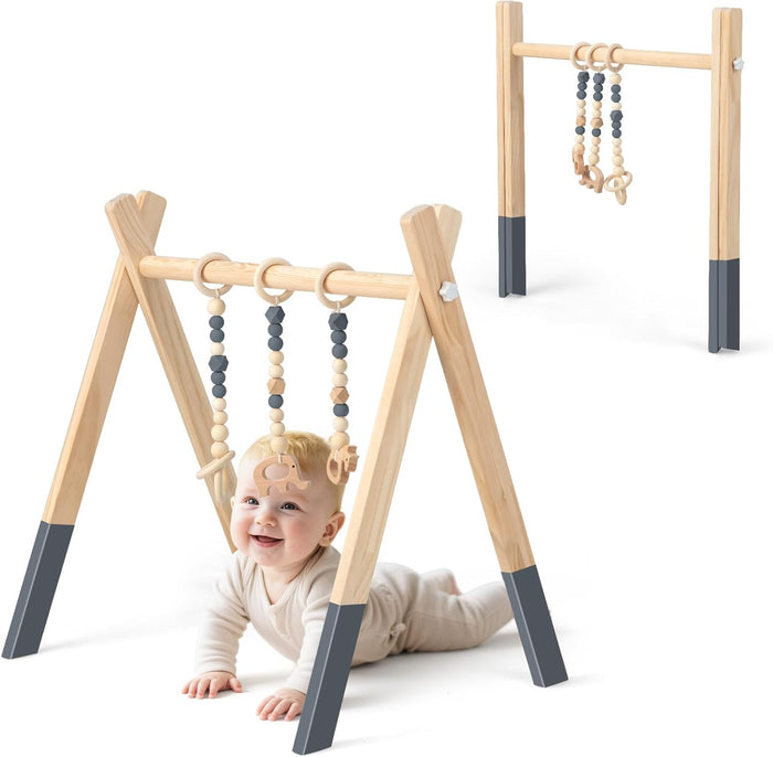 Palestrina per Bambini, Palestrina con Giocattoli per Dentizione Sviluppo Cerebrale Stimolazione Sensoriale, Pieghevole, in Legno, per Bambini 3+ Mesi (Grigio)