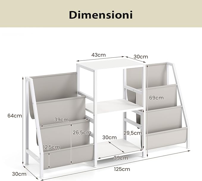 Supporto per Giradischi per Vinili, Porta Giradischi Vinili Fino a 200 Album con 3 Ripiani, 6 Tasche di Archiviazione e Struttura in Metallo, per Casa Studio e Caffè, 125x30x69 cm (Bianco)
