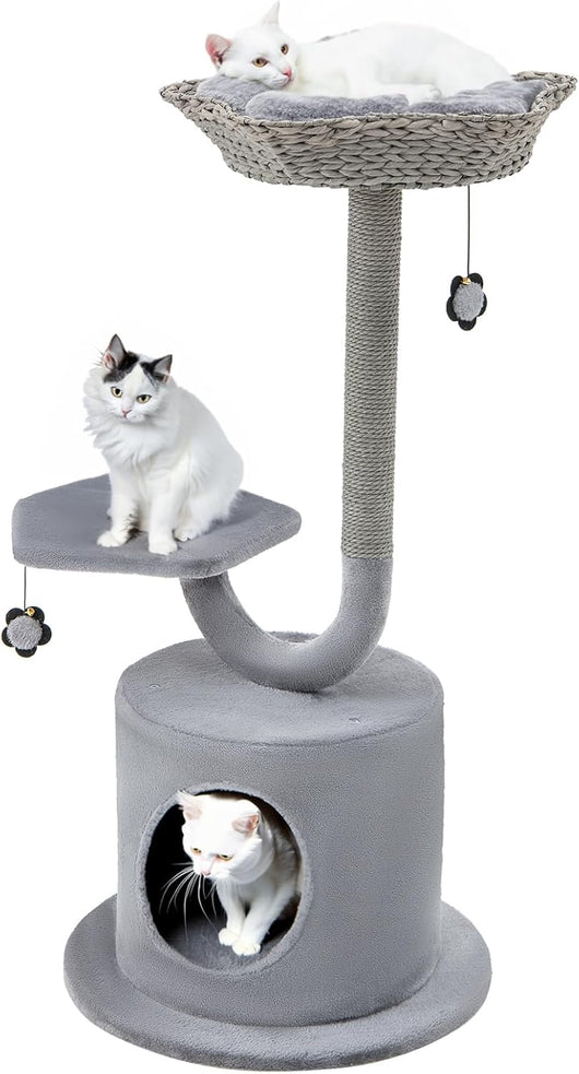 Albero per Gatti da Interno, Albero Tiragraffi per Gatti 106 cm con Telaio Curvo in Metallo, Torre per Gatti Multifunzionale a 3 Livelli con Palline