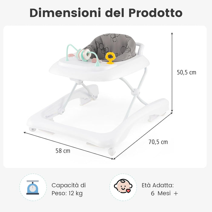 3 in 1 Girello per Bambini, Girello Pieghevole per Bambini, con 3 Altezze Regolabili, Sedile Imbottito e Piatto Giocattolo Rimovibile, Girello a Spinta con Ruote, per Bambini 6+ Mesi (Grigio)