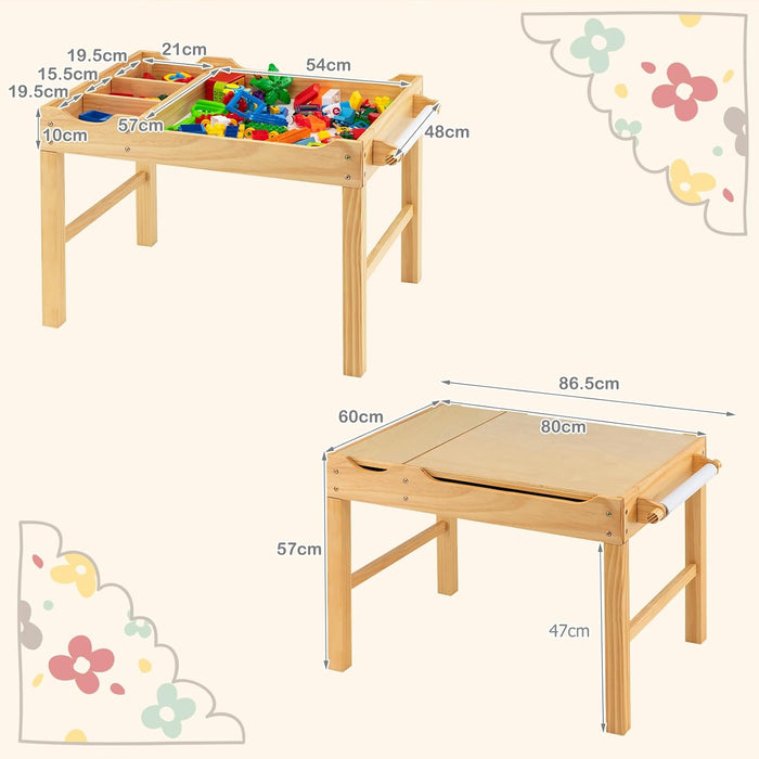 Tavolo da Gioco per Bambini in Legno con Piano Reversibile, Tavolo Multiattività Bambini 2 in 1, Porta Rotolo di Carta da Disegno, per Camera da Letto, Soggiorno (Naturale)