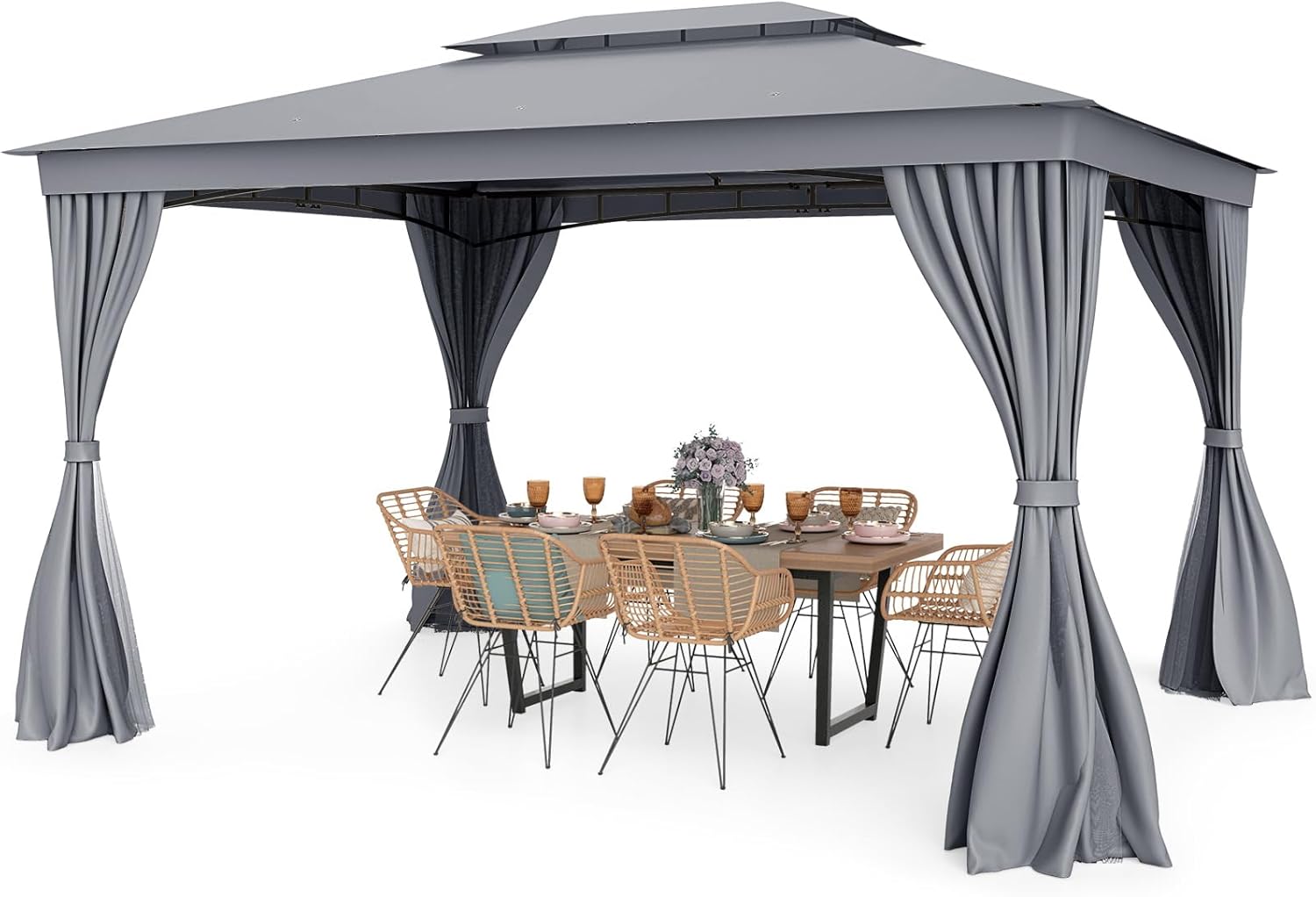 Gazebo da Giardino 397 x 296 cm, Gazebo da Esterno con Zanzariere, Tende, Struttura in Metallo Resistente, con Tetto Impermeabile a Due Strati, per Patio, Giardino e Cortile