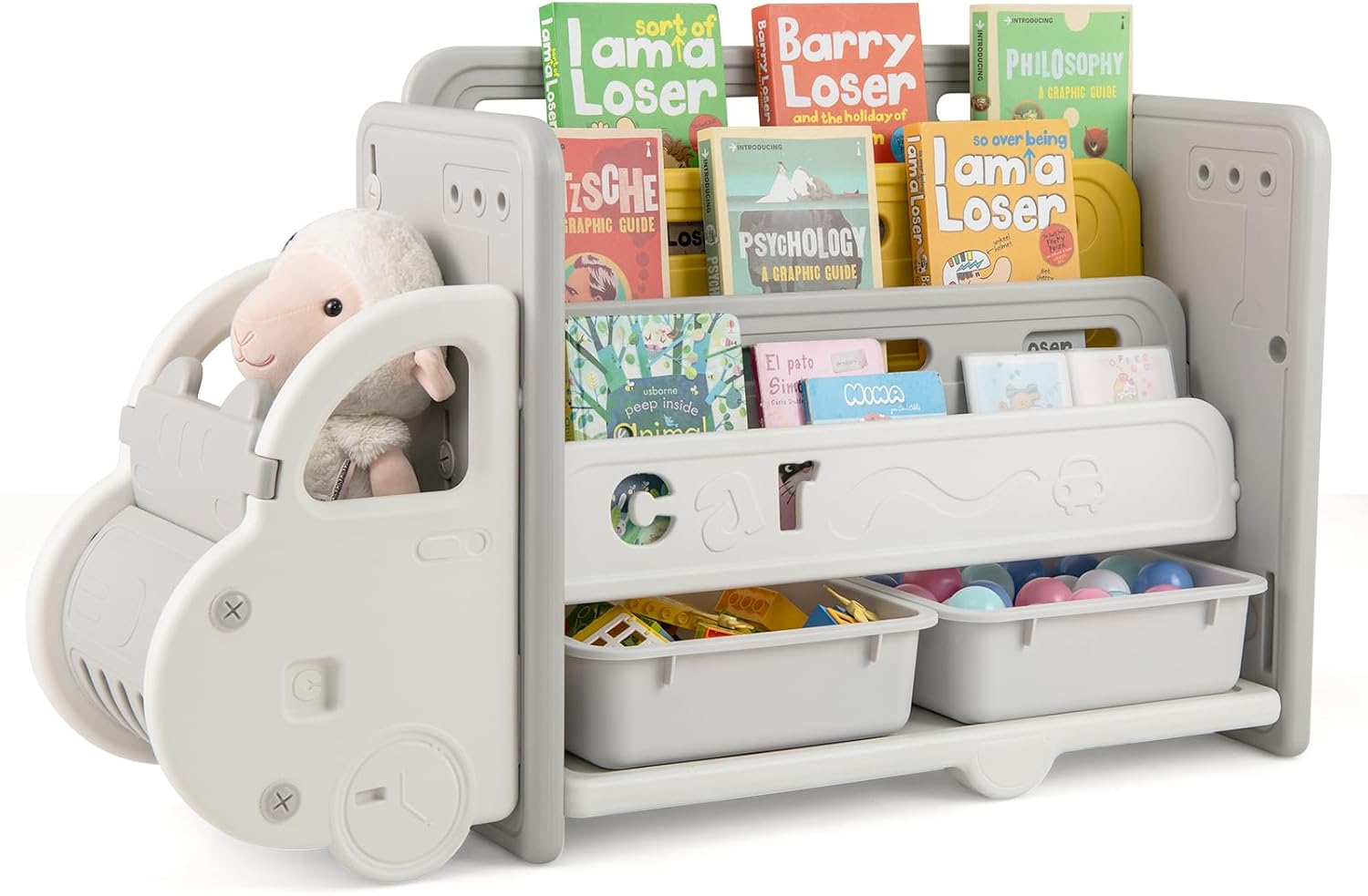 Scaffale per Giocattoli e Libri per Bambini, Libreria a Forma di Auto con 3 Ripiani 2 Scatole, Organizzatore Salvaspazio per Camera Stanza dei Giochi Asilo