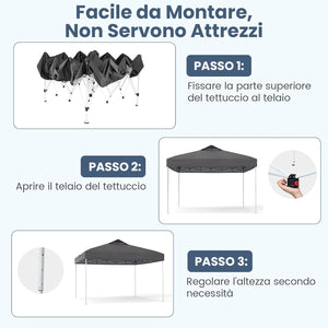Gazebo Pop-up da 295 x 295 cm, Gazebo da Giardino Impermeabile con Blocco Centrale, Borsa da Trasporto Portatile, Corde Antivento, Picchetti, Tenda Regolabile in Altezza per Feste (Grigio)