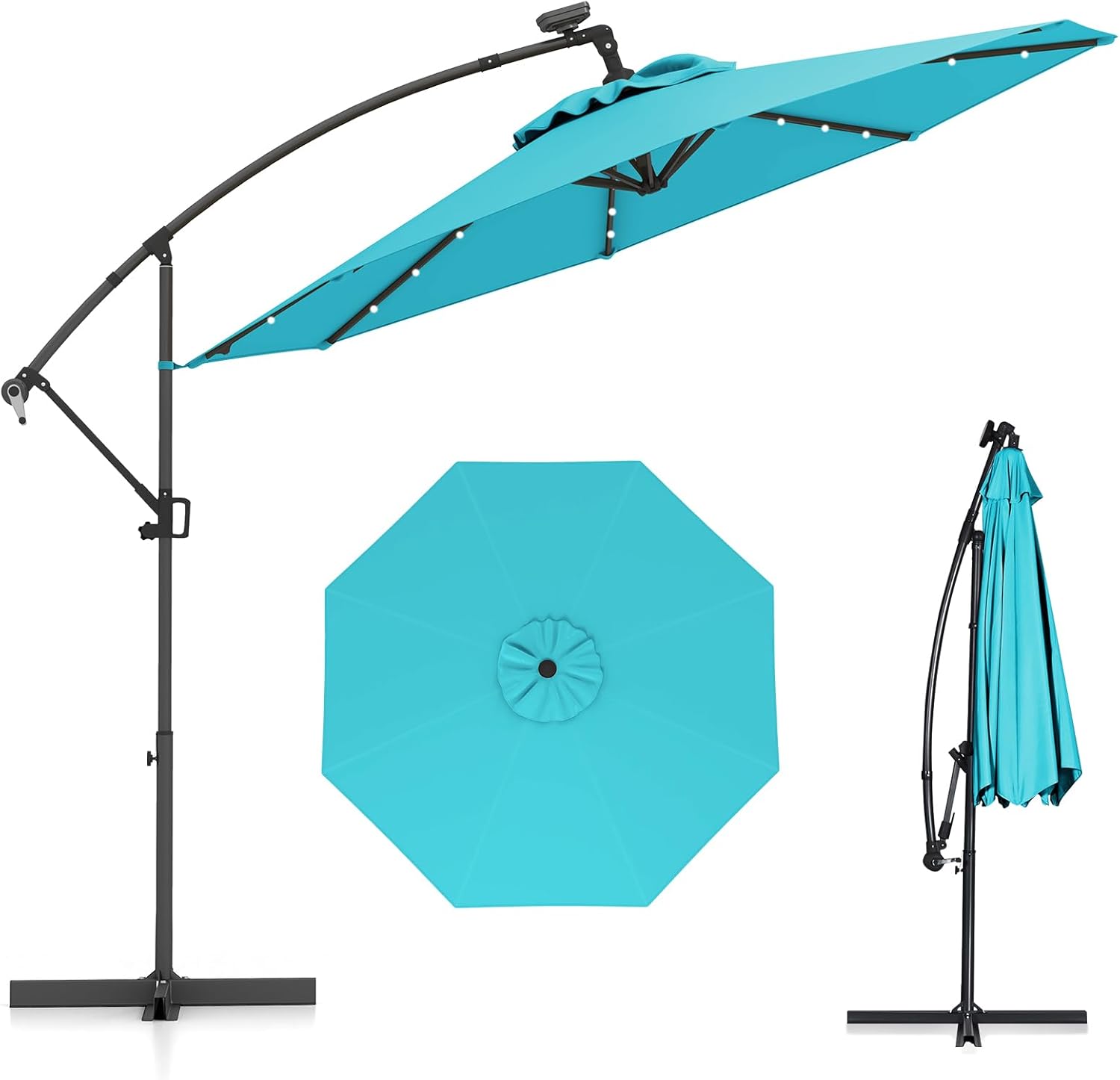 Ombrellone da Giardino ∅300 cm con 32 Luci LED, Ombrellone Prendisole con Rotazione di 360°, Inclinazione Regolabile, 8 Stecche, Manovella, per Giardino Piscina Cortile (Turchese)