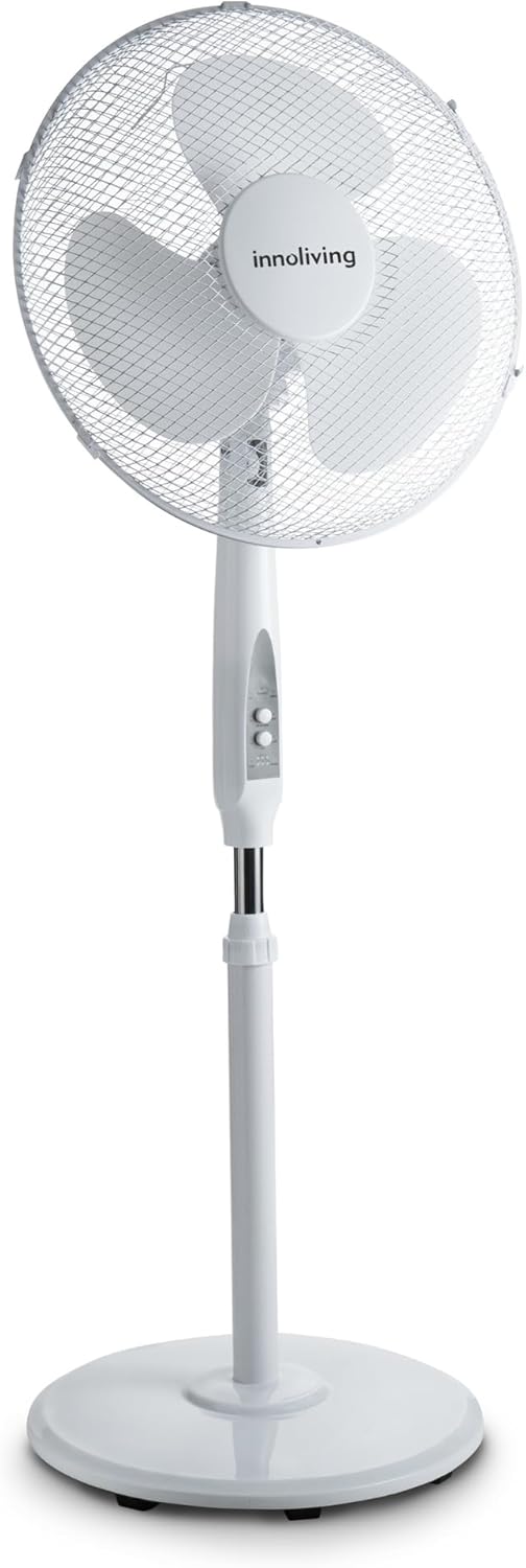 Innoliving Ventilatore a Piantana INN-503ROUNDR con Telecomando, Griglia Mesh, Diametro 40 cm, 3 Velocità, Oscillazione, Altezza Regolabile, Base Rotonda