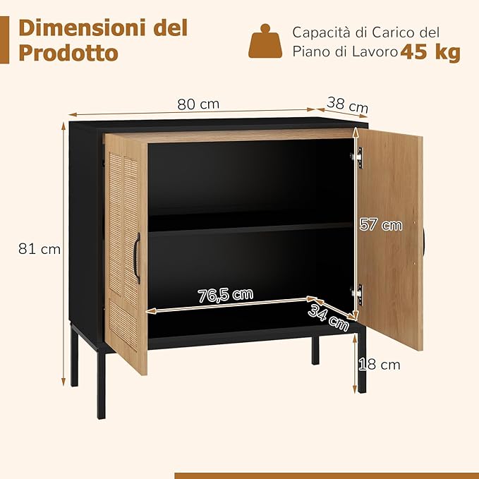 Credenza da Cucina, Armadio con 2 Ante Intrecciate in Rattan, Ripiano Regolabile a 3 Posizioni, Armadietto Boho per Cucina, Sala da Pranzo, Soggiorno e Corridoio, 80 x 38 x 81 cm (Nero)