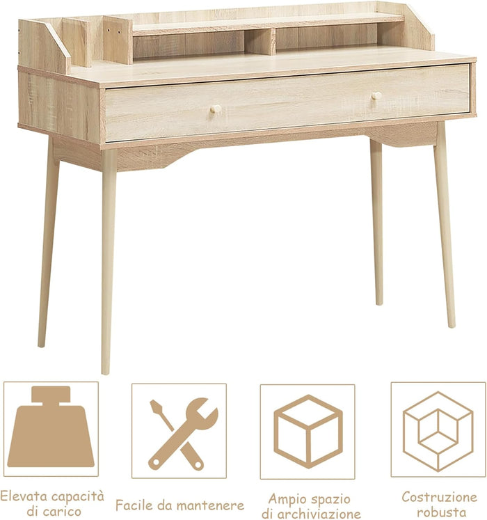 Scrivania con Cassetto, Tavolo per Casa e Ufficio con Gambe Resistenti in Legno di Gomma e 2 Scompartimenti, Ideale per Salone Studio Camera da Letto, 120 x 50 x 93 cm (Naturale)