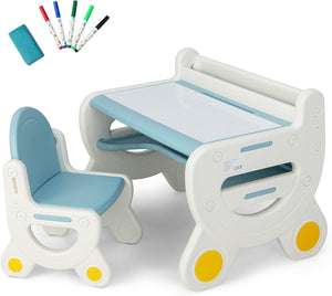 Set Tavolo e sedia per Bambini, Tavolo per Bambini con Sedia, Tavolo da Disegno Cancellabile e Ripiano, per Disegnare, Leggere, Giocare, Ideale per Bambini 3-8 Anni (Blu)