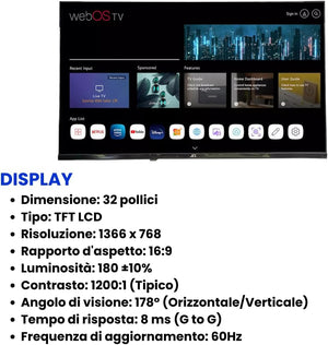 JCL Smart TV 32 Pollici HD Ready (720p), Sistema webOS TV 8.1, WiFi/Ethernet, Netflix & YouTube, Triplo HDMI, DVB-T/T2/C/S/S2, Attacco VESA