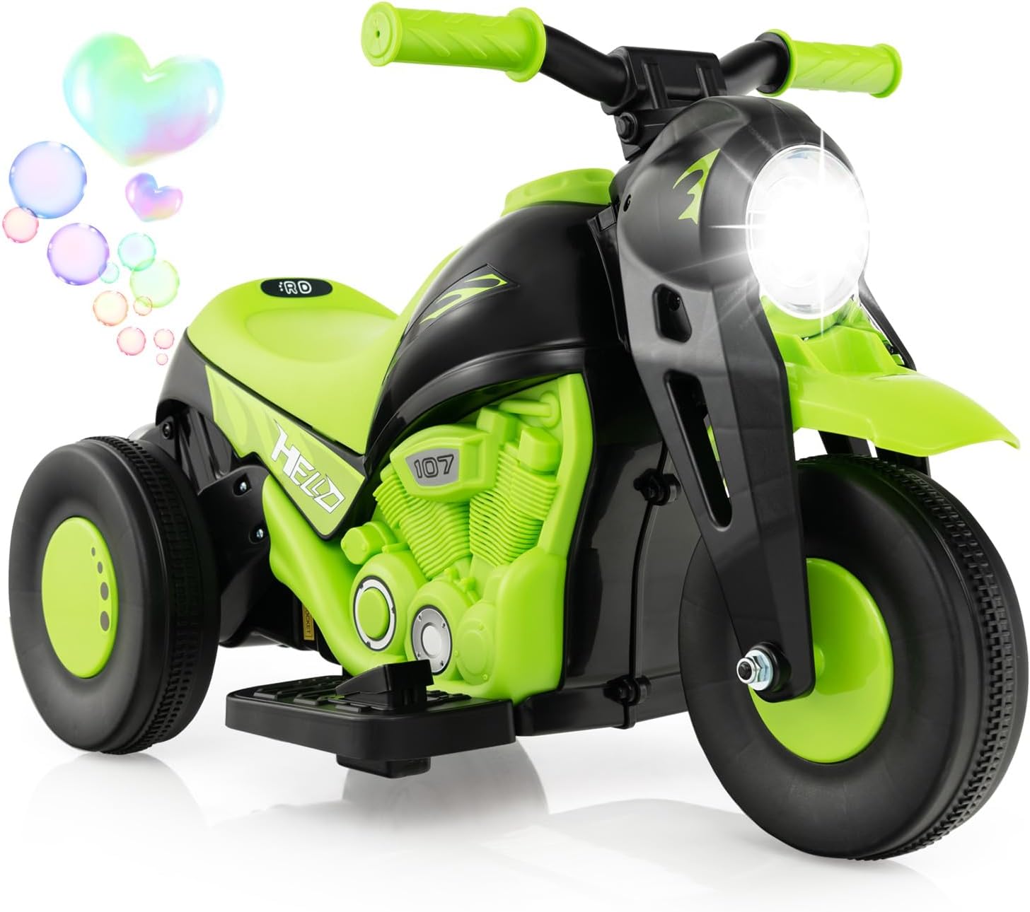 Moto Elettrica per Bambini con Creatore di Bolle, Auto a Bolle per Bambini da 6V, Pulsante Musicale, Faretto a LED, Capacità di 30 kg, per Bambini 3+ anni (Verde)
