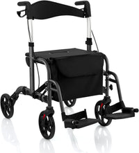 Deambulatore Multiuso 2 in 1, Deambulatore per Anziani in Alluminio con Altezza Regolabile a 6 Livelli, Poggiapiedi Pieghevole (Nero)
