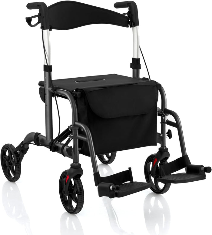 Deambulatore Multiuso 2 in 1, Deambulatore per Anziani in Alluminio con Altezza Regolabile a 6 Livelli, Poggiapiedi Pieghevole (Nero)