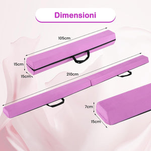 Trave Ginnastica Artistica per Bambini 210 cm, Trave di Equilibrio Pieghevole e Portatile per Casa con Manici, Copertura in Suede Rimovibile e Fondo Antiscivolo