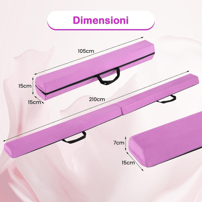 Trave Ginnastica Artistica per Bambini 210 cm, Trave di Equilibrio Pieghevole e Portatile per Casa con Manici, Copertura in Suede Rimovibile e Fondo Antiscivolo
