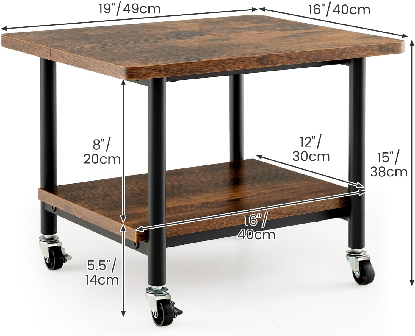 Supporto per Stampante, Carrello Stampante con Ruote Girevoli a 360⁰, Design Rimovibile, Superficie Ampia e Liscia, di Legno e Acciaio, 49 x 40 x 37 cm (Marrone)