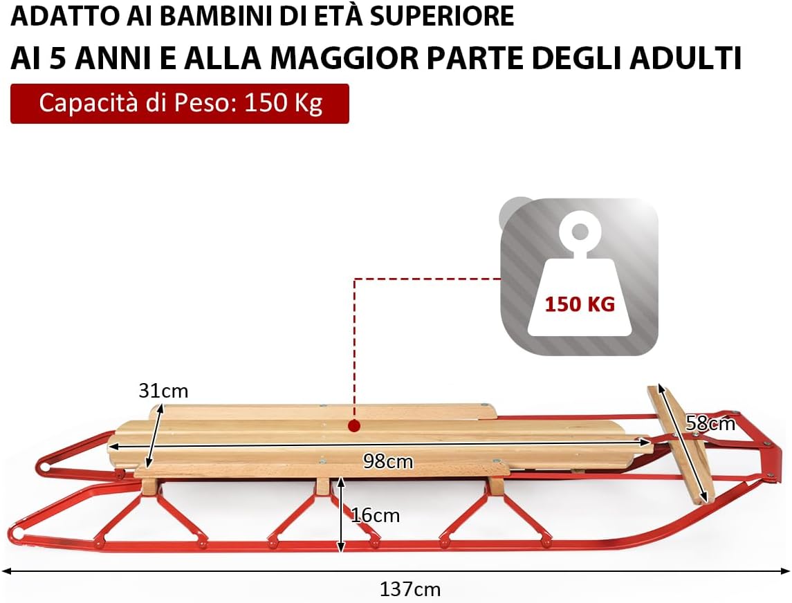 Slitte da Neve, Slitte in Metallo con Pattini, Slitte con Maniglie per Bambini e Adulti, 137 x 58 x 16 cm