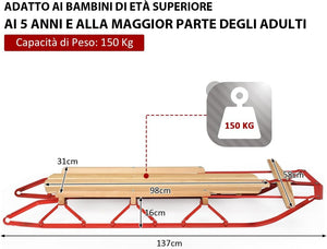 Slitte da Neve, Slitte in Metallo con Pattini, Slitte con Maniglie per Bambini e Adulti, 137 x 58 x 16 cm