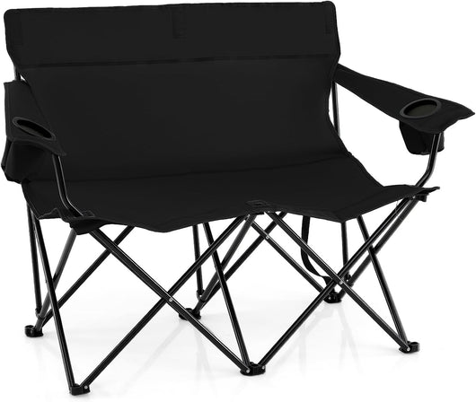 Sedia da Campeggio Doppia, Poltrona Pieghevole per 2 Persone con Portabicchieri, Borsa per il Trasporto, Sedia da Giardino Portatile per Spiaggia, Picnic, Pesca, Portata 300 kg (Nero)