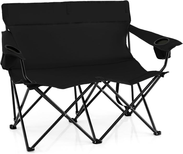 Sedia da Campeggio Doppia, Poltrona Pieghevole per 2 Persone con Portabicchieri, Borsa per il Trasporto, Sedia da Giardino Portatile per Spiaggia, Picnic, Pesca, Portata 300 kg (Nero)