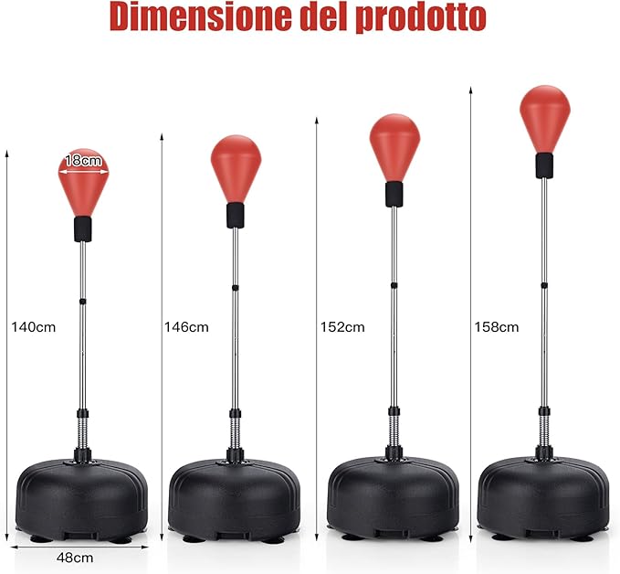 Sacco da Boxe da Terra Regolabile in 4 Posizioni, Sacco da Boxe con Supporto e Base Stabile, Ideale per Adulti e Bambini