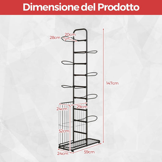 Scaffale Portapalle a 7 Livelli, Porta Pallacanestro in Metallo con 7 Asticelle Rimovibili e Cestino Laterale per Palline, Organizzatore Attrezzature Sportive con Piedini Regolabili