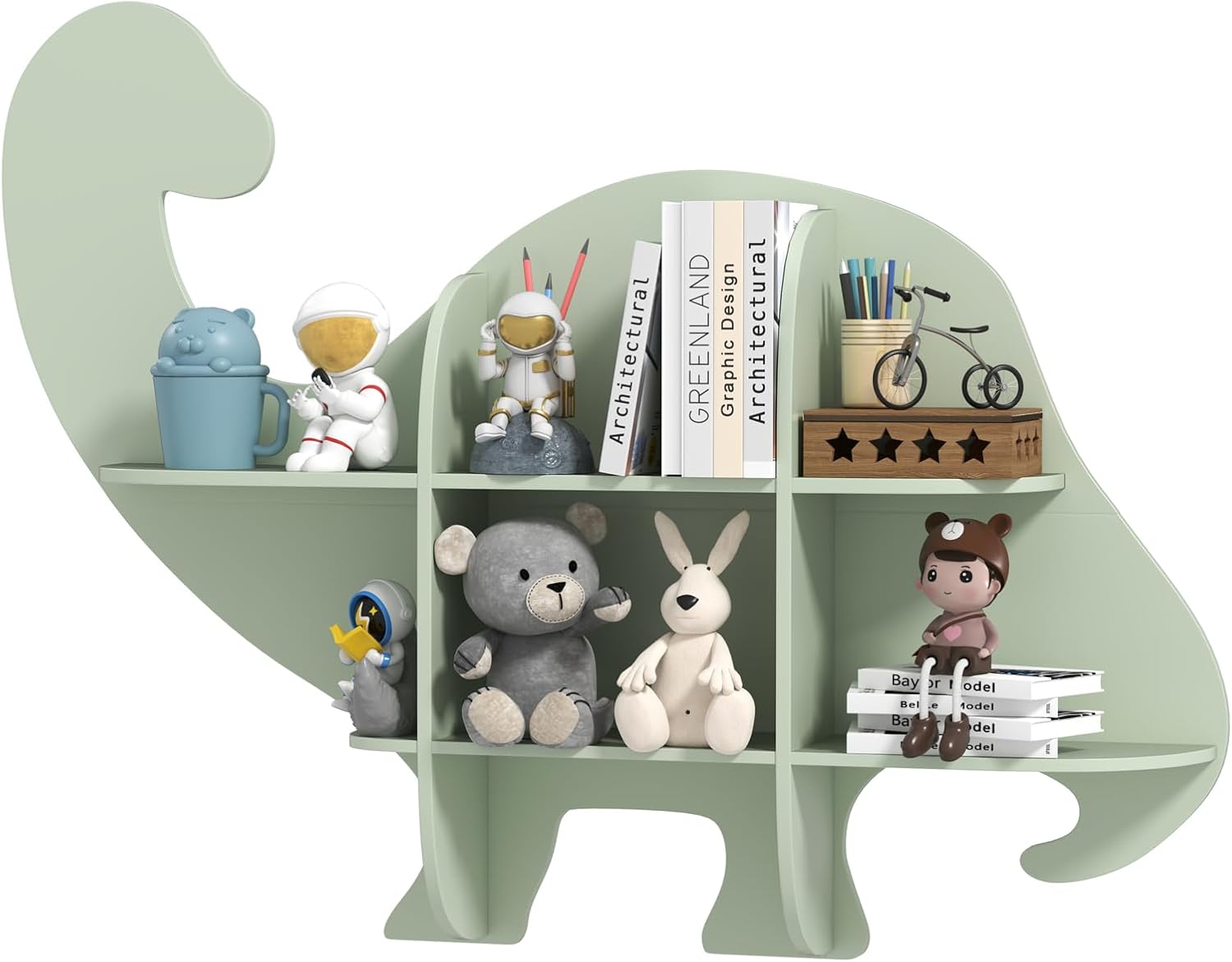 Libreria da Parete per Bambini a Forma di Dinosauro, Mensola a 2 Ripiani in Legno da Appendere, Scaffale da Parete per Camera dei Bambini Camera da Gioco Asilo, 105,5x16x78,5 cm