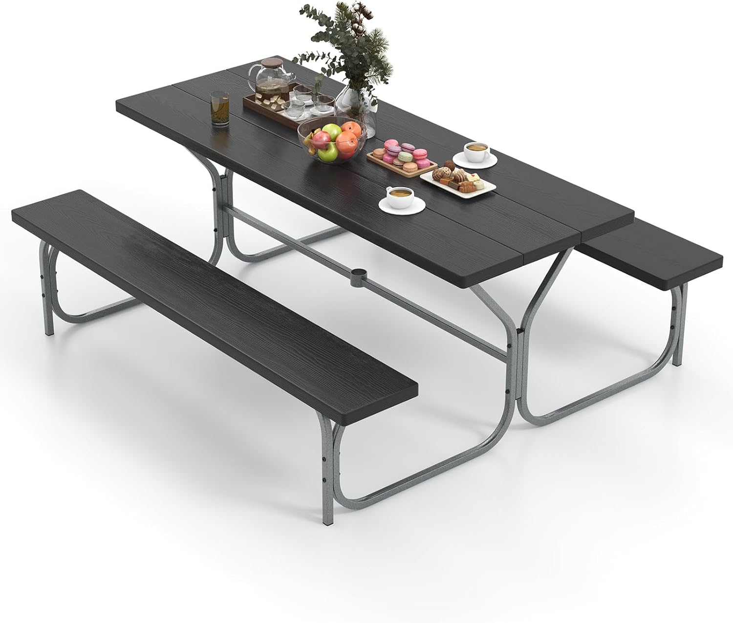 Set Tavolo da Picnic con Panca da 183 cm, Tavolo da Campeggio con 2 Panche per 8 Persone, Foro per Ombrellone, per Giardino, Campeggio, terrazza, Portato Totale 650 kg (Nero)