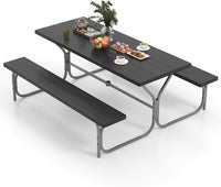 Set Tavolo da Picnic con Panca da 183 cm, Tavolo da Campeggio con 2 Panche per 8 Persone, Foro per Ombrellone, per Giardino, Campeggio, terrazza, Portato Totale 650 kg (Nero)