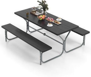 Set Tavolo da Picnic con Panca da 183 cm, Tavolo da Campeggio con 2 Panche per 8 Persone, Foro per Ombrellone, per Giardino, Campeggio, terrazza, Portato Totale 650 kg (Nero)