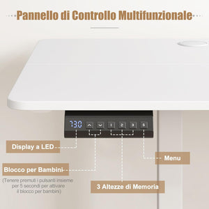 Scrivania Regolabile in Altezza 160 x 60 cm, Scrivania Elettrica con Pannello Smart Anticollisione, Scrivania per Computer con 2 Fori per Cavi e 2 Ganci, per Ufficio e Studio, Bianco