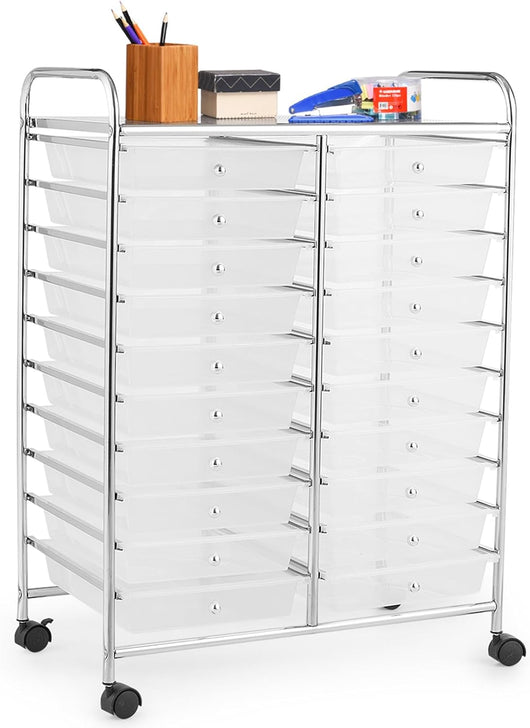 Carrello di Stoccaggio con 20 Cassetti, Carrello portaoggetti con 4 Ruote, Carrello Multiuso per Scuola Ufficio Cucina, 64 x 39 x 88 cm (Trasparente)