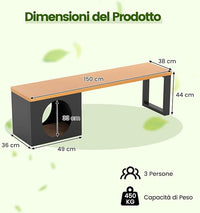 Panchina da Esterno in Metallo Lunga 150 CM con Cuccia per Gatti e Tappetino Tiragraffi, Seduta per 3 Persone, Portata 450 kg, Panchina Senza Schienale Resistente per Giardino