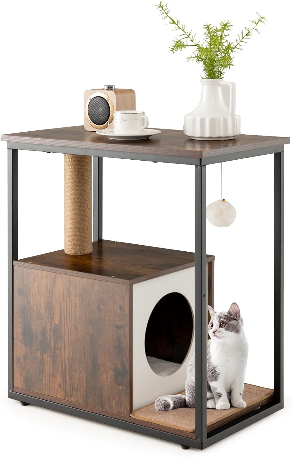 Cuccia per Gatti, Casetta per Gatti con Giocattolo a Palla Pensile e Dispositivo Anti-Ribaltamento, Tavolino Moderno e Multisuo con Case per Gatti, 60 x 36 x 66 cm(Marrone)