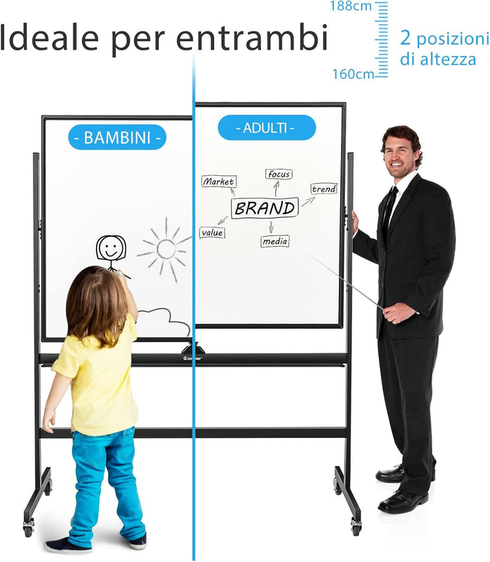 Lavagna Bianca Magnetica Mobile, Lavagna Cancellabile con Altezza Regolabile Girevole a 360°, con 4 Ruote Bloccabili, Doppia Faccia, 90 x 120 cm
